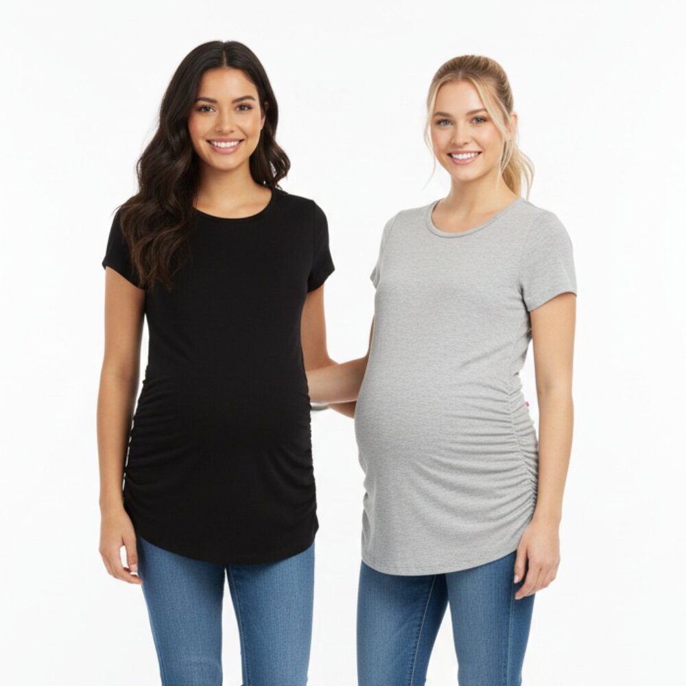 Smallshow Maternity Black & Gray Short Sleeve Side Ruched Tee T Shirt Tops NEW S